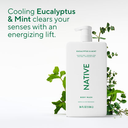 Native Clean Body Wash, Gentle & pH-balanced for Sensitive Skin, 24-Hr Freshness for Women & Men, Vegan & Cruelty-Free, Free of Sulfates, Parabens & Phthalates, Sandalwood & Shea Butter, 36 oz