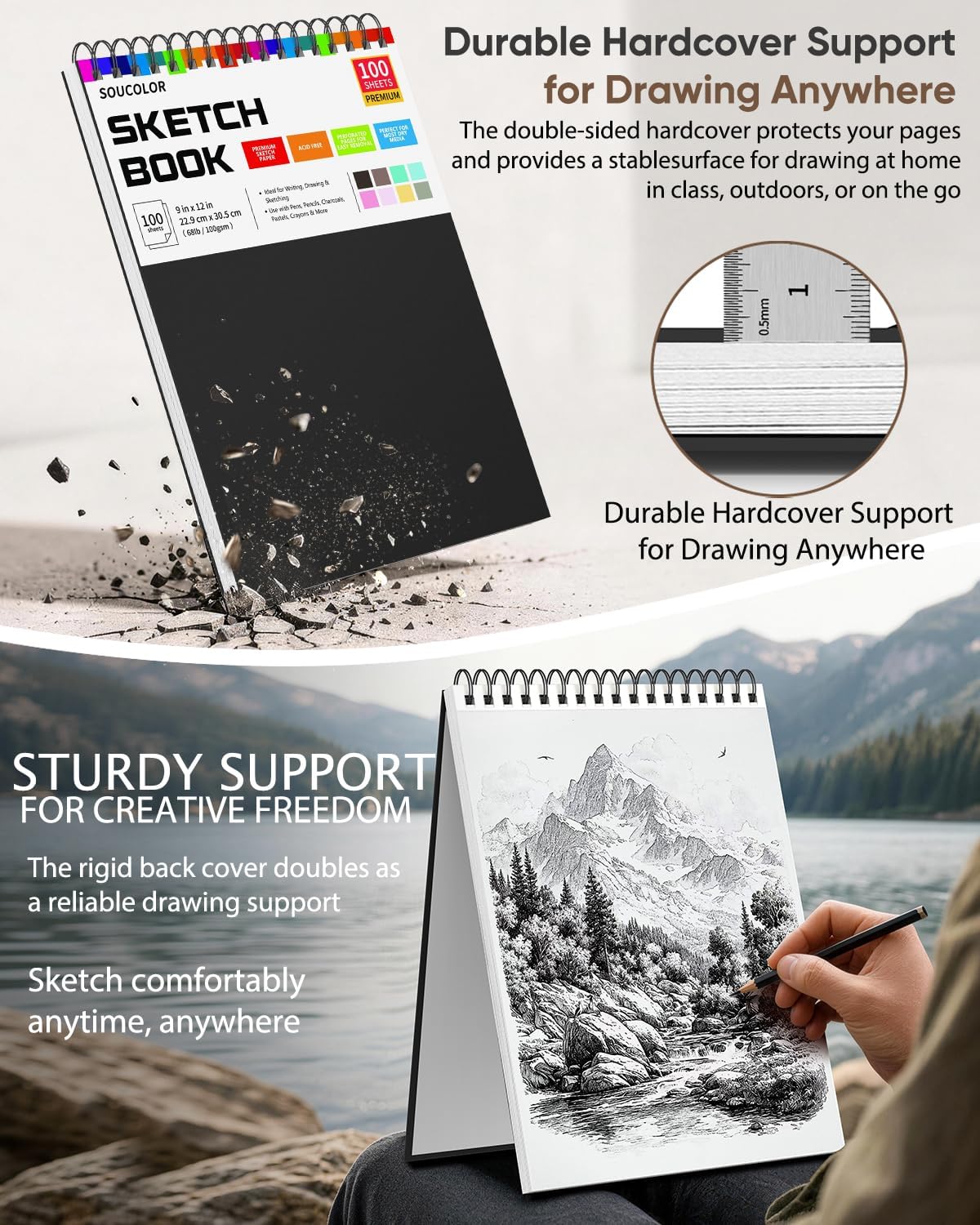 Soucolor Sketch Book 9" x 12", 100 Sheets Kids Art Sketchbook Drawing Pad