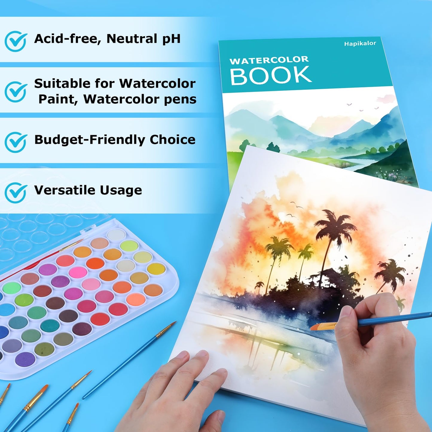 Hapikalor Watercolor Paper Pad, 9"x12" Water Color Paper, 140lb/300gsm Teal
