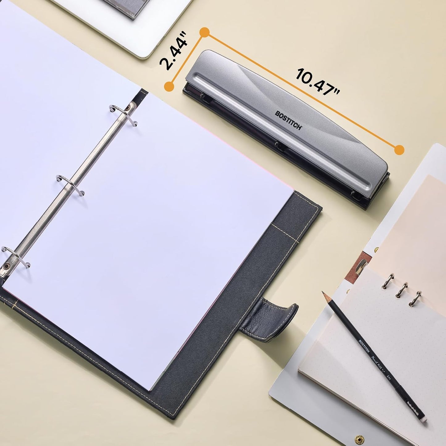 Bostitch Office Premium 3 Hole Punch, 12 Sheet Capacity, Metal, Rubber Base, Easy-Clean Tray, Silver