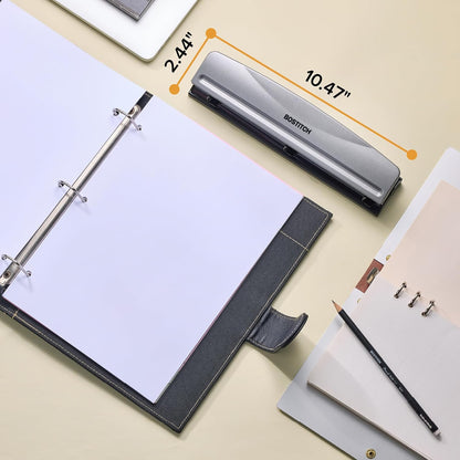 Bostitch Office Premium 3 Hole Punch, 12 Sheet Capacity, Metal, Rubber Base, Easy-Clean Tray, Silver