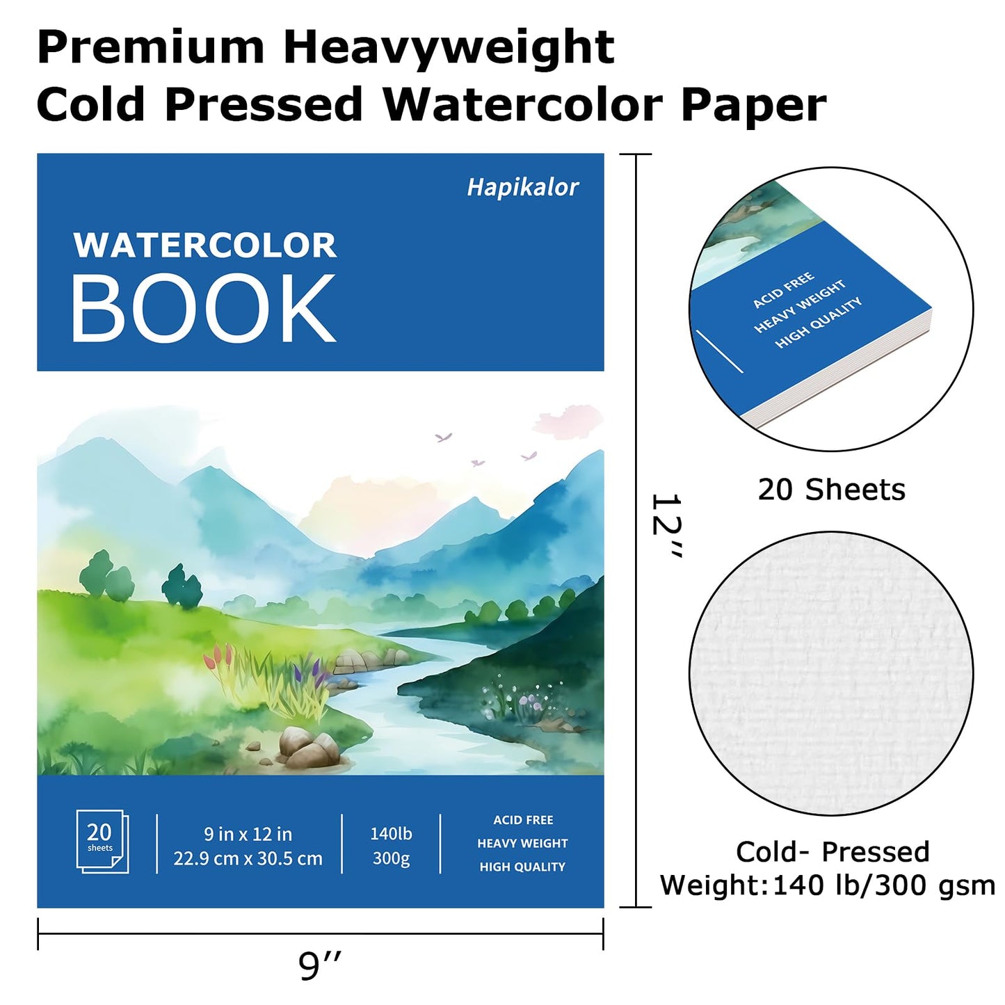 Hapikalor Watercolor Paper Pad, 9"x12" Water Color Paper, 140lb/300gsm Teal