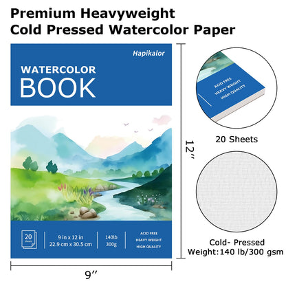 Hapikalor Watercolor Paper Pad, 9"x12" Water Color Paper, 140lb/300gsm Teal