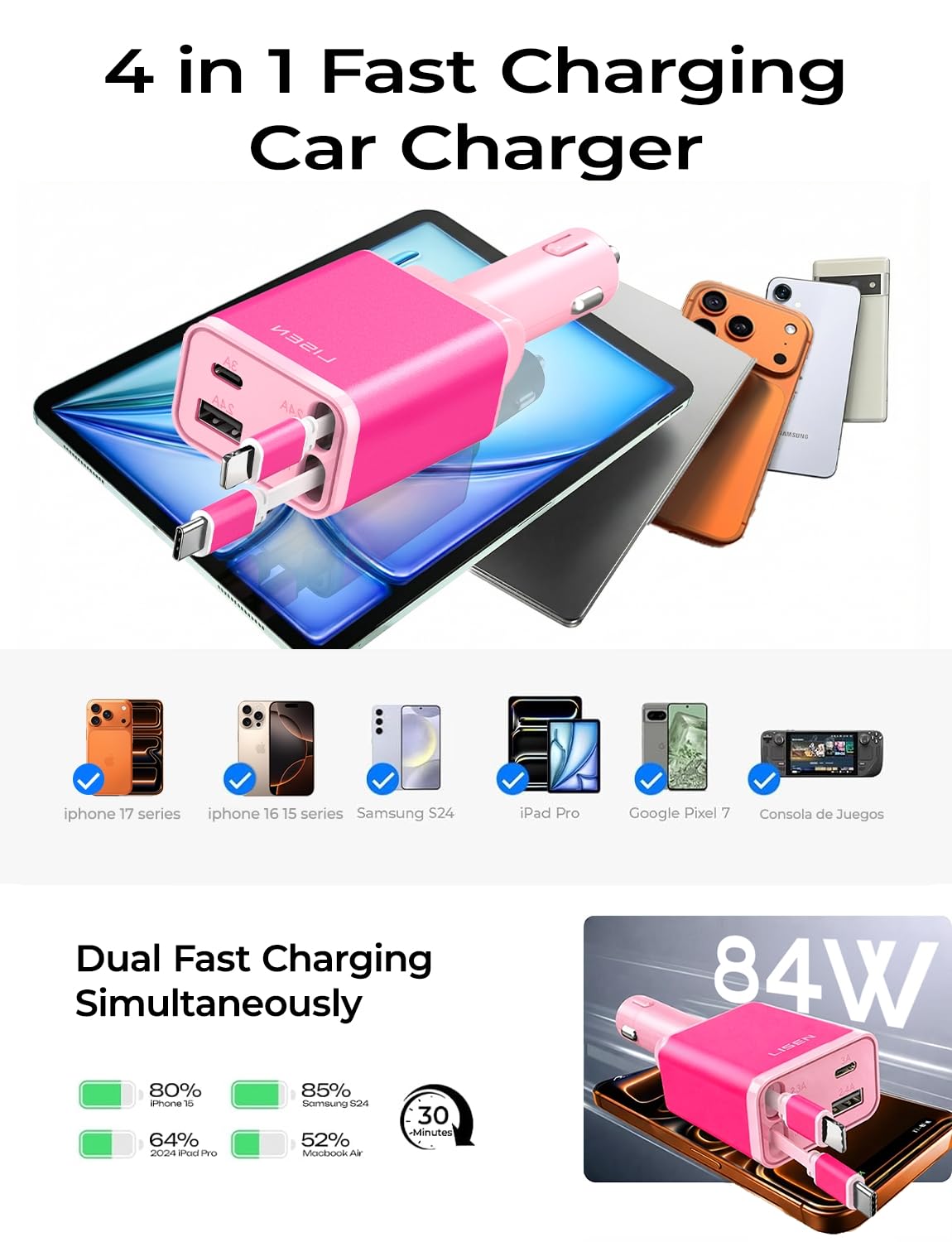 LISEN Retractable Car Charger, 84W Car Charger USB C Fast Charge, 4 in 1