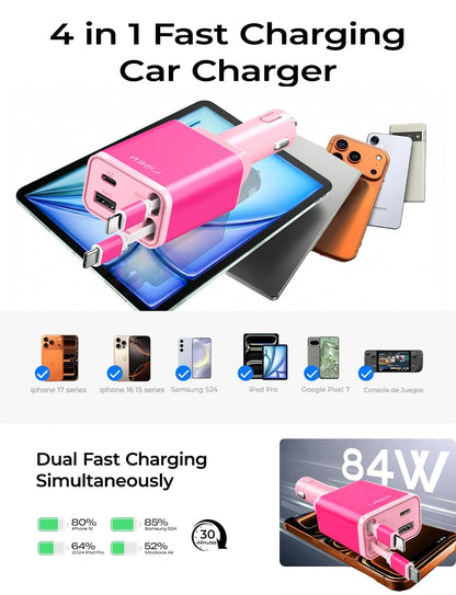 LISEN Retractable Car Charger, 84W Car Charger USB C Fast Charge, 4 in 1
