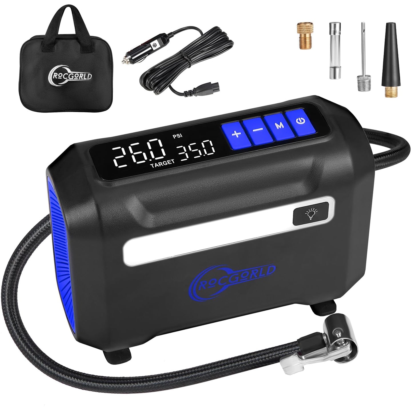 ROCGORLD R8 Tire Inflator Portable Air Compressor, DC 12V Air Compressor Portable with Large Dual Digital Screen, 3X Faster Inflation Air Pump for Car, Bike, Ball, Motor