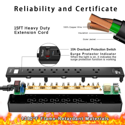 Yintar 6Ft Surge Protector Power Strip with 8 Outlets and 4 USB Ports