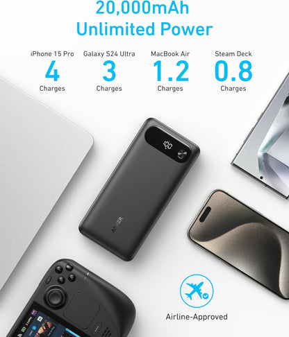 Anker Power Bank, 20,000mAh Travel Essential, Built-in USB-C Cable(Black)