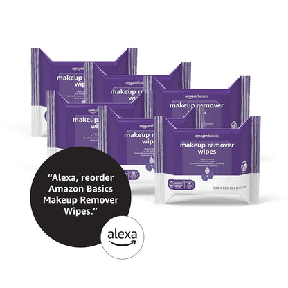 Amazon Basics Makeup Remover Wipes, Fragrance-Free, Alcohol-Free, Gentle Cleansing, Plant-Based, Dermatologist Tested, Removes Waterproof Mascara, Resealable, 25 Count, 1-Pack