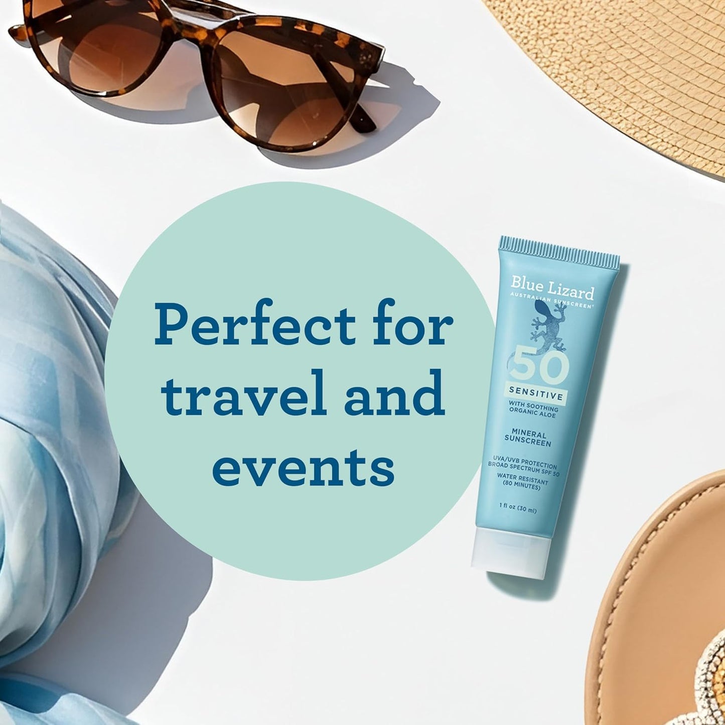 Blue Lizard Sensitive Mineral SPF 50 Sunscreen Lotion, 100% Mineral Sunscreen, UVA/UVB Protection, Infused with organic Aloe Vera, Soothes and Hydrates, 5 fl oz