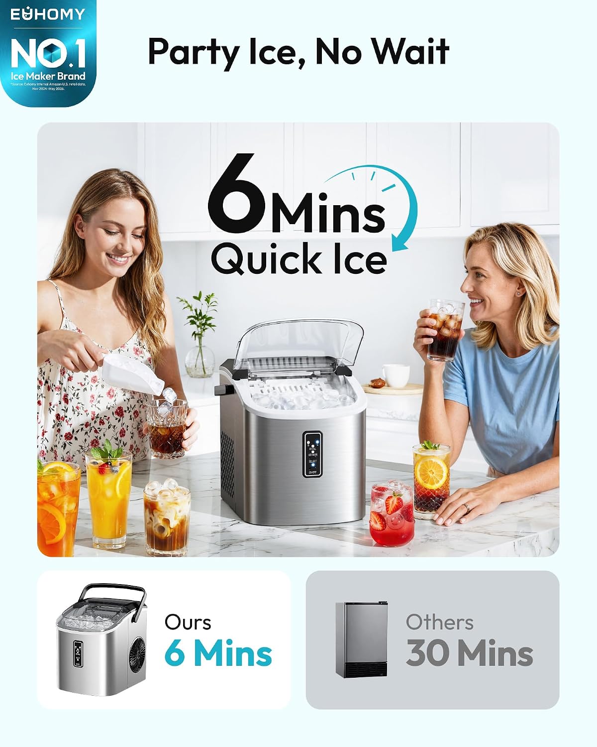 EUHOMY Ice Maker Countertop, 9 Cubes Ready in 6 Mins, 26lbs/24H, Self-Cleaning, Portable Ice Maker Machine with Carry Handle, Basket and Scoop, 2 Sizes of Bullet Ice for Home, Kitchen, Office