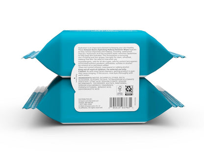 Amazon Basics Makeup Remover Wipes, Fragrance-Free, Alcohol-Free, Gentle Cleansing, Plant-Based, Dermatologist Tested, Removes Waterproof Mascara, Resealable, 25 Count, 1-Pack