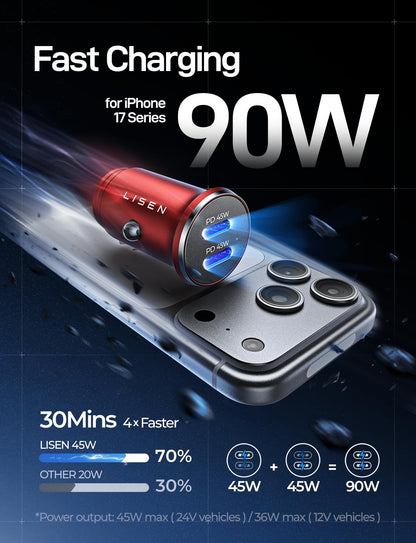 LISEN 90W USB C Car Charger USB C Fast Charge, 45W PD&QC 3.0 Fast Car Charger