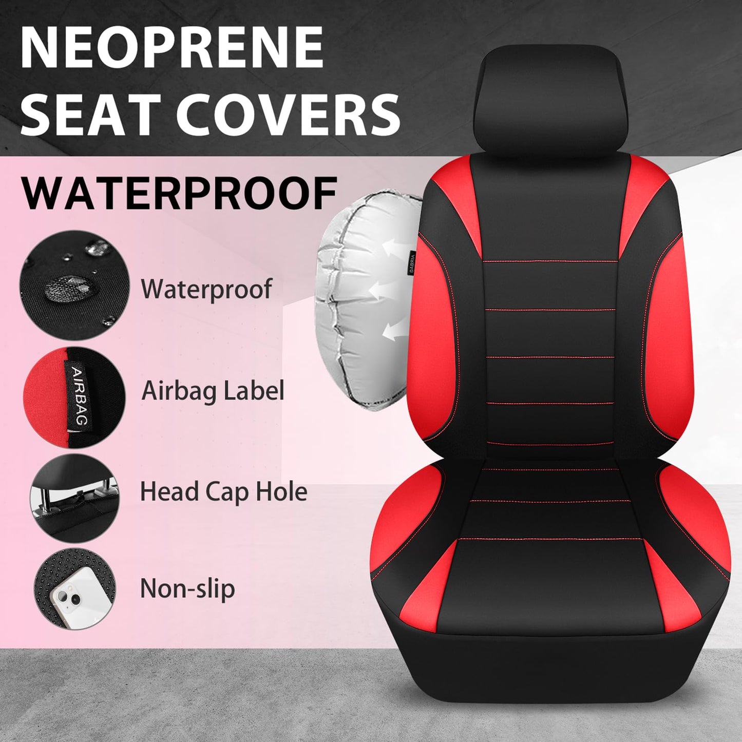 CAR PASS Waterproof Car Seat Covers Front Seats Only with 5mm Composite EVA, Neoprene Car Seat Cover with Separate Headrest Cover, Quick Setup Universal Fit for Car SUV Trucks,Airbag Compatible（Gray