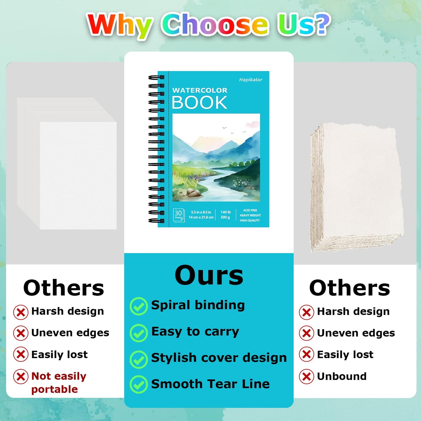 Hapikalor Watercolor Paper Pad, 9"x12" Water Color Paper, 140lb/300gsm Teal