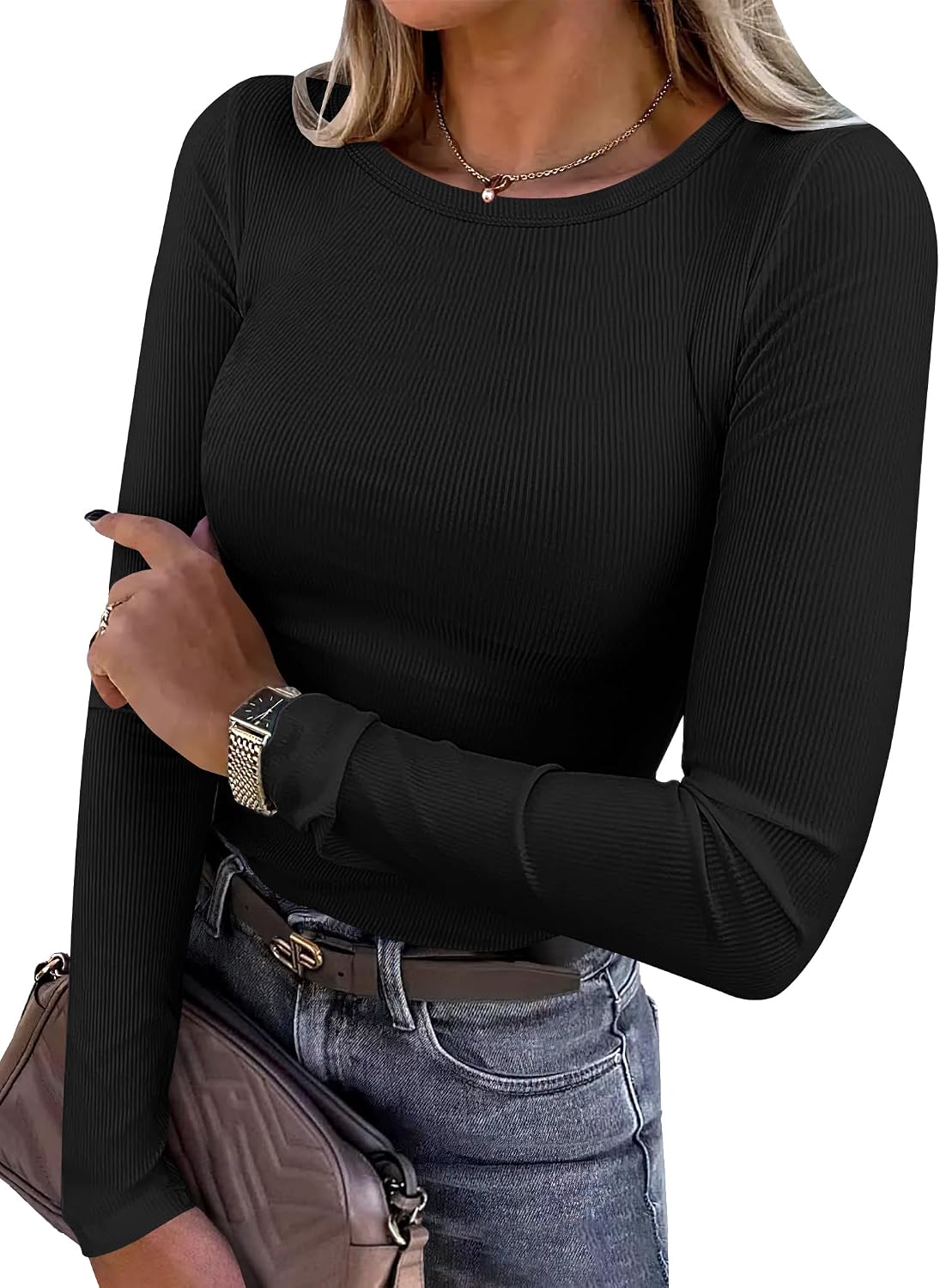 ANRABESS Women Long Sleeve Shirts Ribbed Fitted Tops