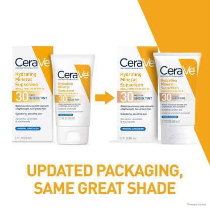 CeraVe Tinted Sunscreen for Face, Mineral SPF 30 Moisturizer, Deep, 1.7oz