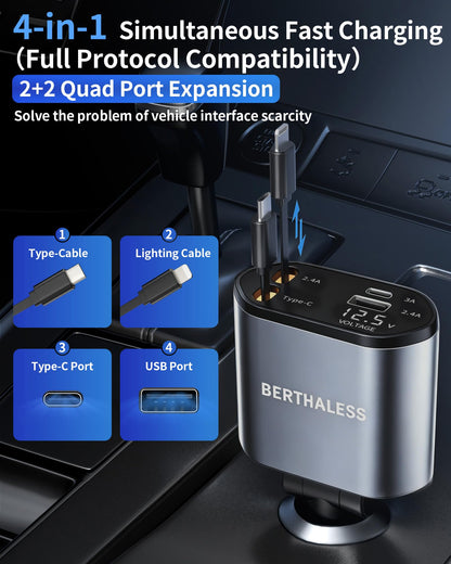Retractable Car Charger, 4-in-1 Fast Charger with USB-C & USB-A