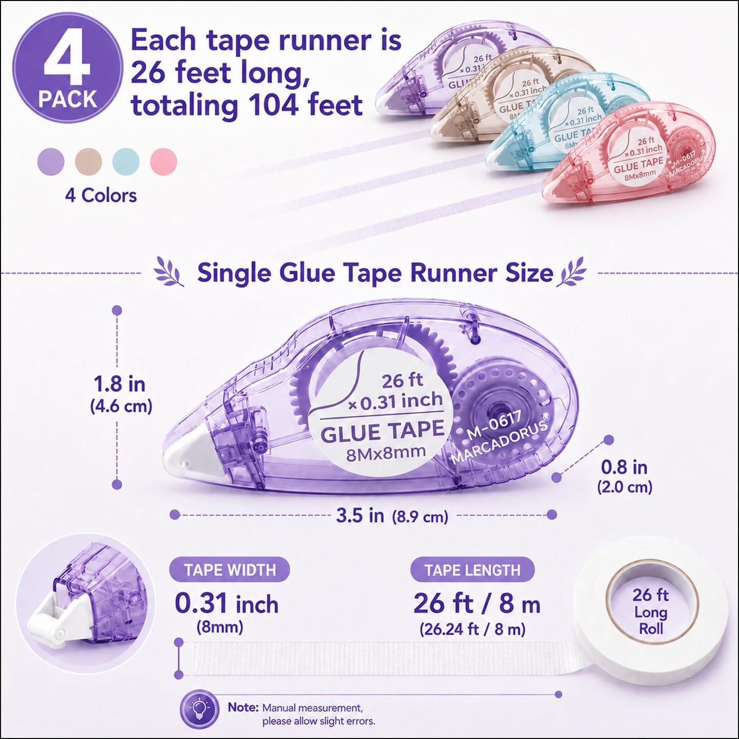 MARCADORUS Glue Tape for Scrapbooking, Double Sided Tape Roller 106Ft Total