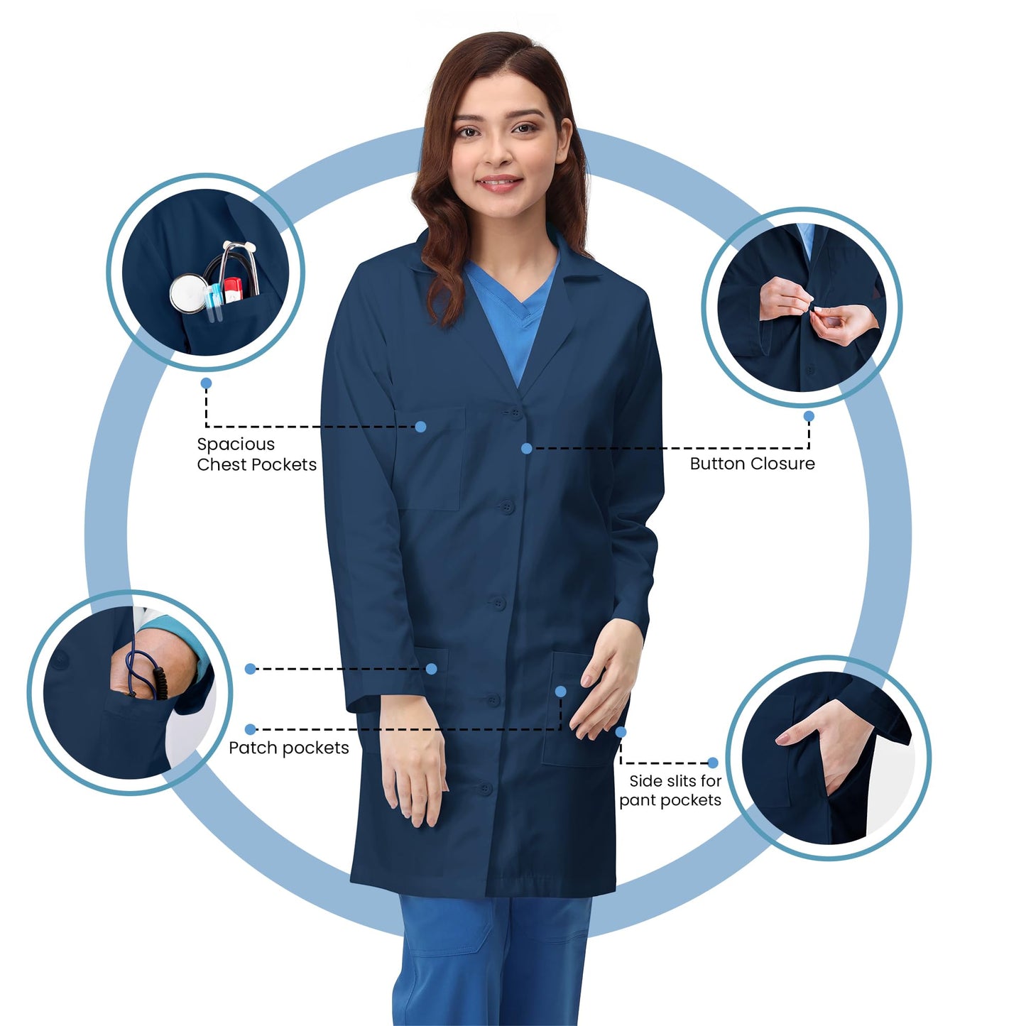 White Lab Coat for Women with Side-Slit Access and 3 Pockets for College
