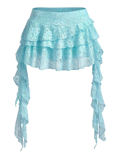 Women's Y2K Mini Skirt Ruffle Lace Mesh Asymmetrical Flowy Short Skort