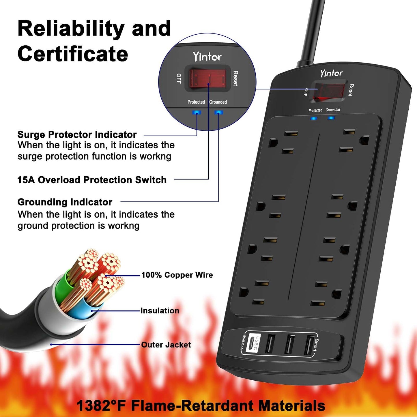 Yintar 6Ft Surge Protector Power Strip with 8 Outlets and 4 USB Ports