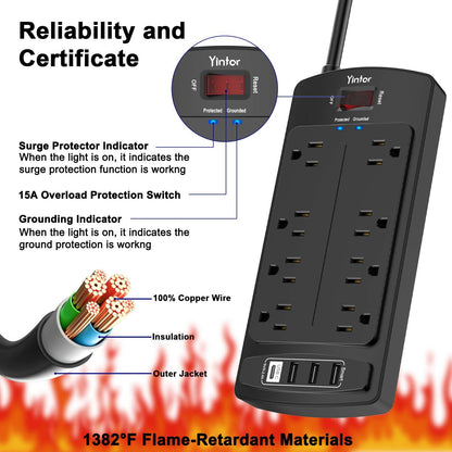 Yintar 6Ft Surge Protector Power Strip with 8 Outlets and 4 USB Ports