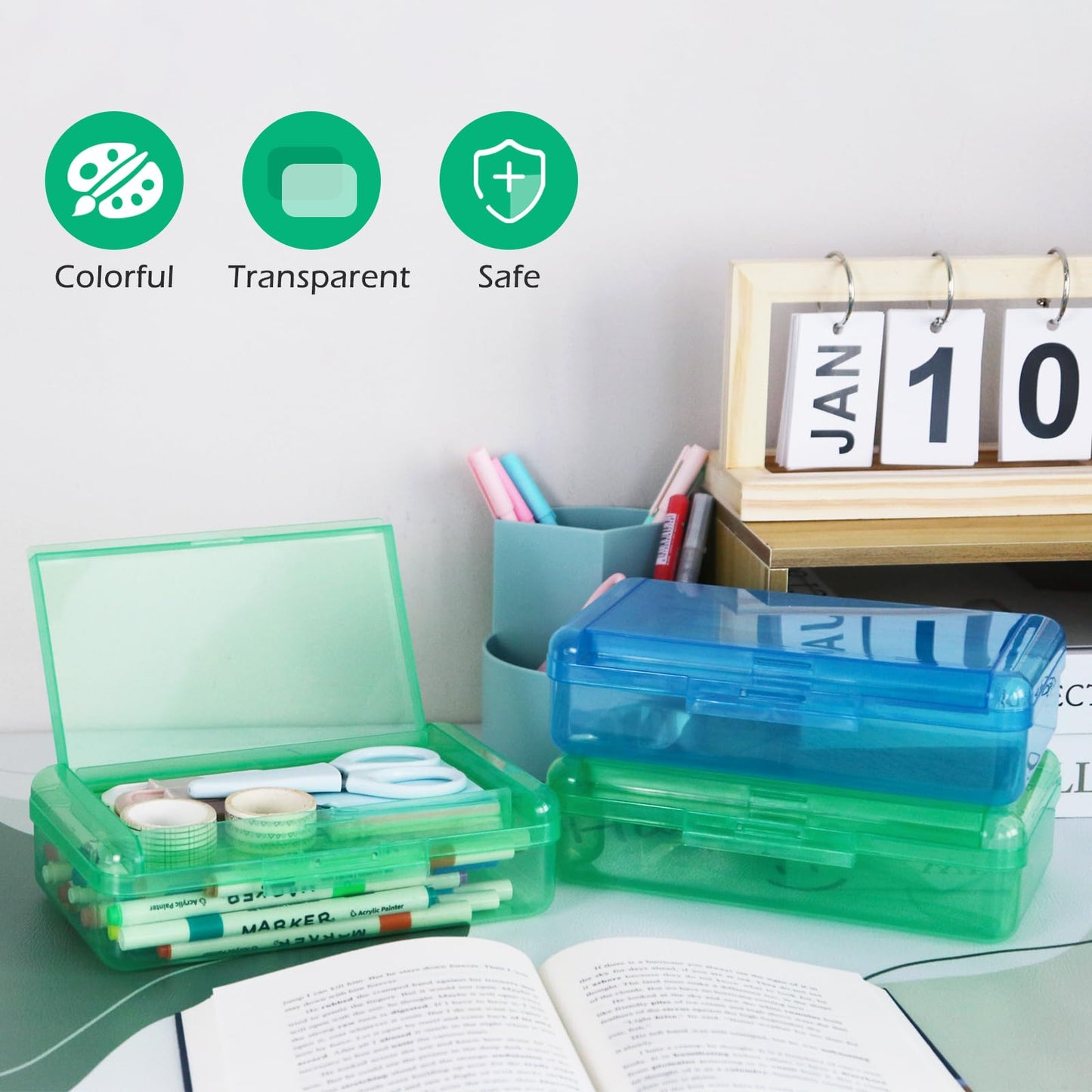 Double Layer Plastic Clear Hard Colored Pencil Box Case Pen Crayon Box