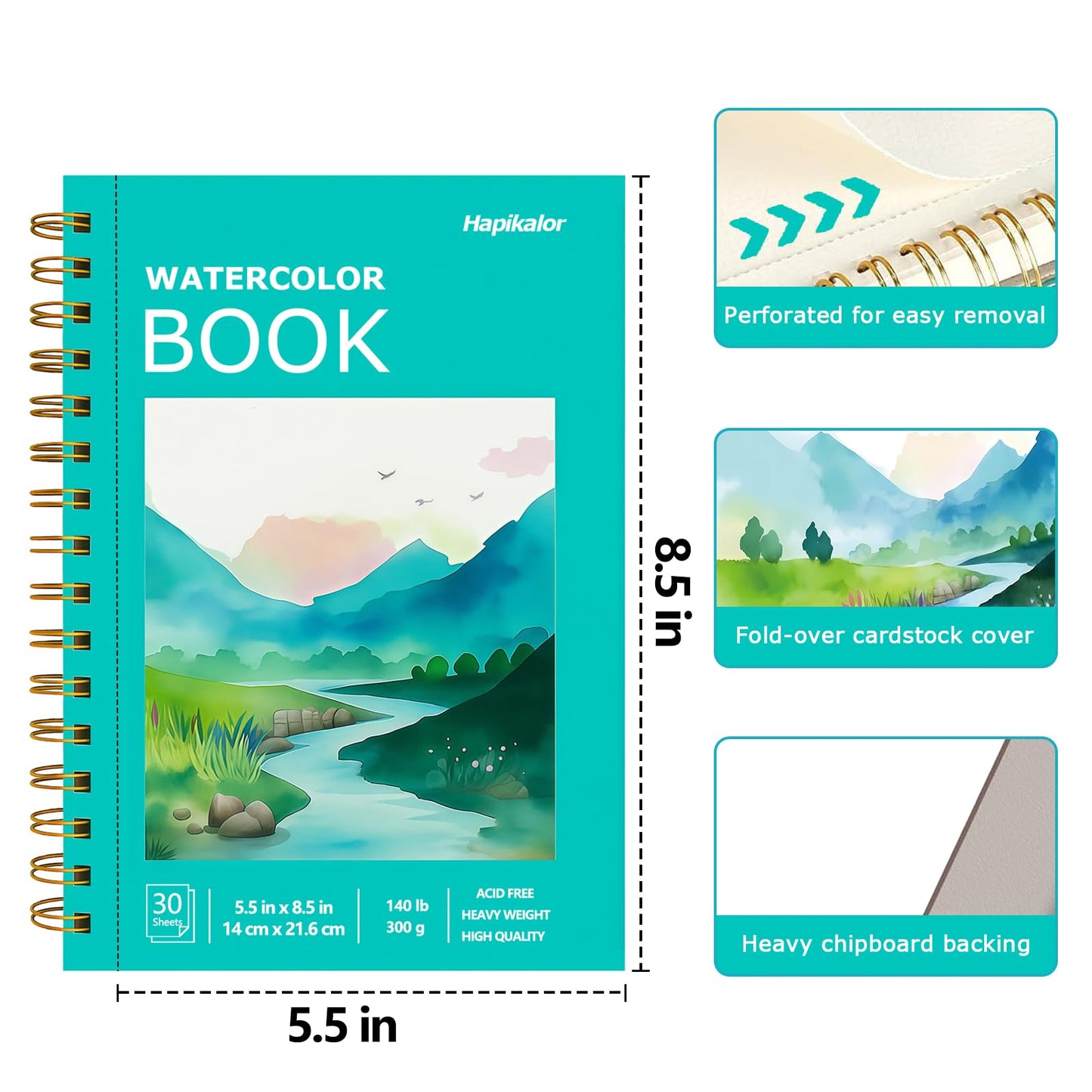 Hapikalor Watercolor Paper Pad, 9"x12" Water Color Paper, 140lb/300gsm Teal
