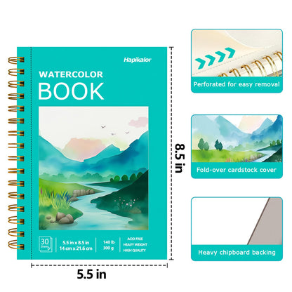 Hapikalor Watercolor Paper Pad, 9"x12" Water Color Paper, 140lb/300gsm Teal