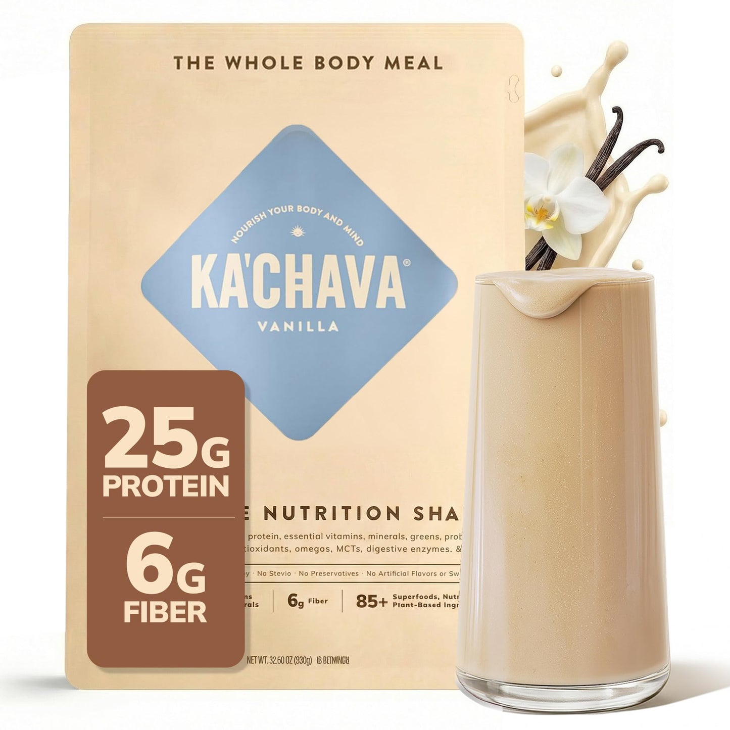 Ka’Chava Whole Body Meal Shake Chai 2 lb – Vegan Protein Powder with 85+ Superfoods & Greens – Plant-Based Meal Replacement with Probiotics & Digestive Enzymes – Gluten & Dairy Free (15 Servings)