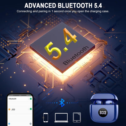 Wireless Earbuds, Bluetooth 5.4 Ear Buds, LED Power Display, 6D Bass Stereo