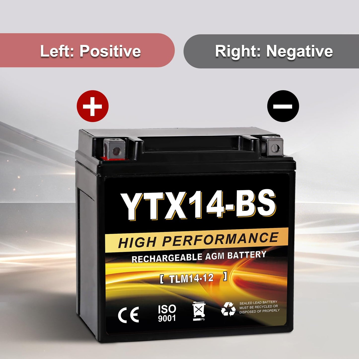 YTX14AH-BS 12V 12Ah Motorcycle Battery, 220CCA Rechargeable Maintenance Free Sealed AGM Battery, Powersport Replacement for ATV, UTV, Scooter