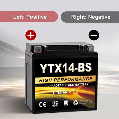 YTX14AH-BS 12V 12Ah Motorcycle Battery, 220CCA Rechargeable Maintenance Free Sealed AGM Battery, Powersport Replacement for ATV, UTV, Scooter