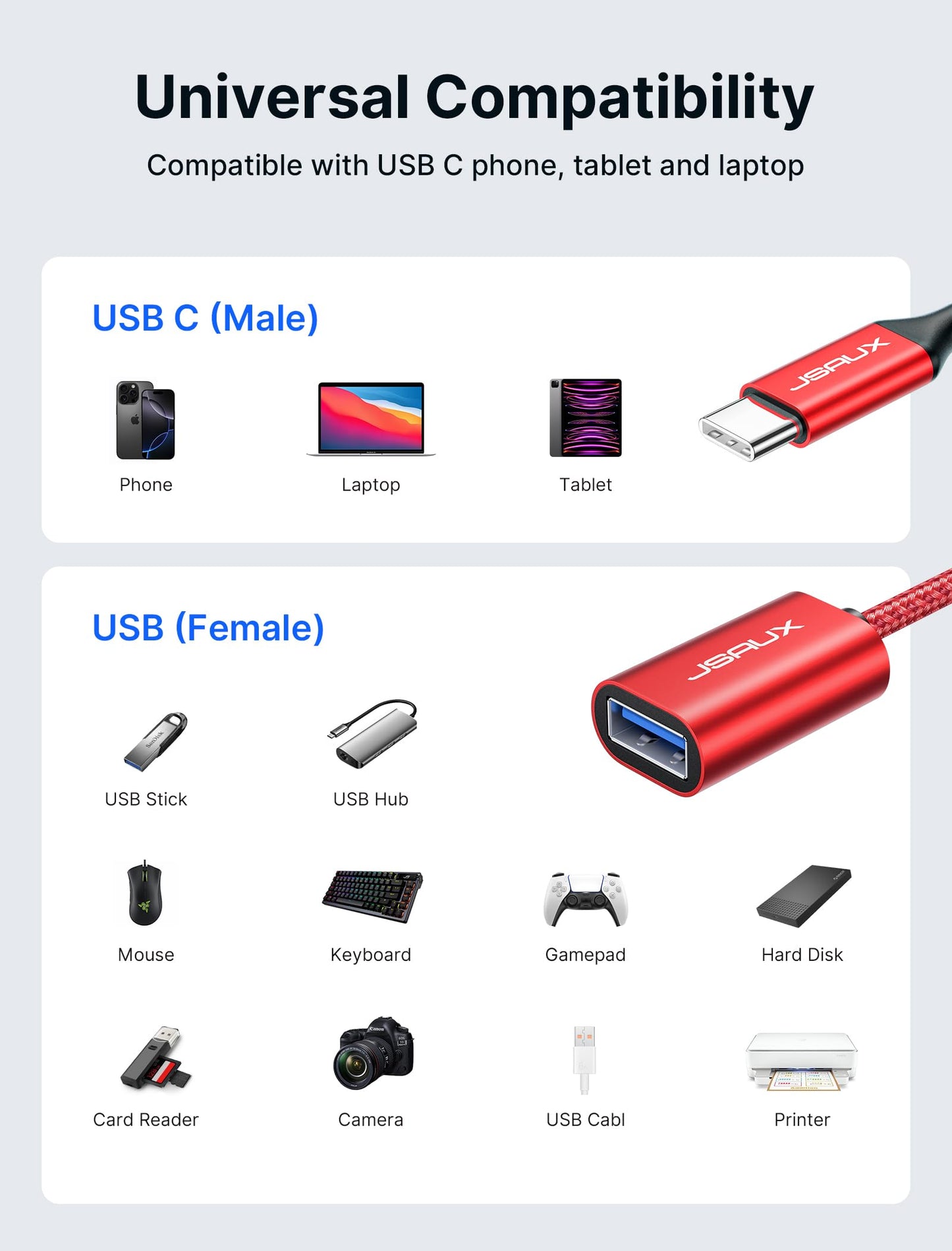 JSAUX USB C to USB 3.0 Adapter [2 Pack], USB C Male to USB Female OTG Cable Adapter Compatible with MacBook Pro/Air, iPhone 17 Pro Max/iPhone Air/16e/16/15 Series, Samsung Galaxy S25/S24/S23-Black