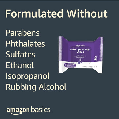 Amazon Basics Makeup Remover Wipes, Fragrance-Free, Alcohol-Free, Gentle Cleansing, Plant-Based, Dermatologist Tested, Removes Waterproof Mascara, Resealable, 25 Count, 1-Pack