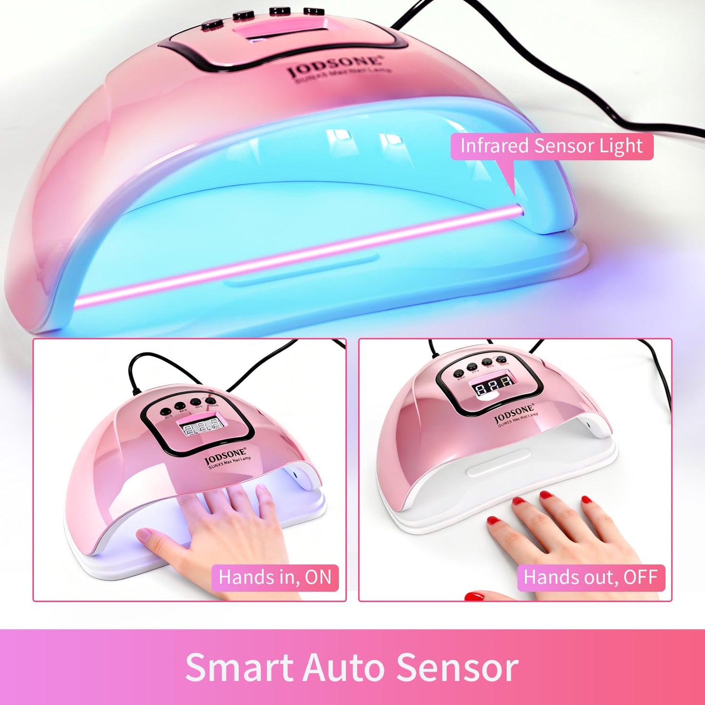 JODSONE U V LED Nail Lamp with Base Coat Top Coat Set, Nail Dryer for Gel Polish for Nails with Automatic Sensor & 4 Timers