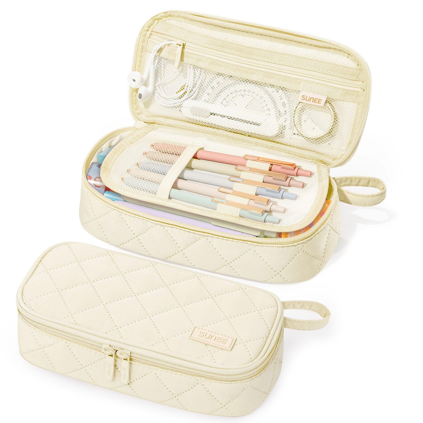 SUNEE Cute Pencil Case, Soft Corduroy Large Capacity Pencil Pouch, Aesthetic Zipper Pencil Bag, Big Storage Pen Organizer for Stationery, Pencil Box Back to School Supplies for Teen Girls Boys, Beige