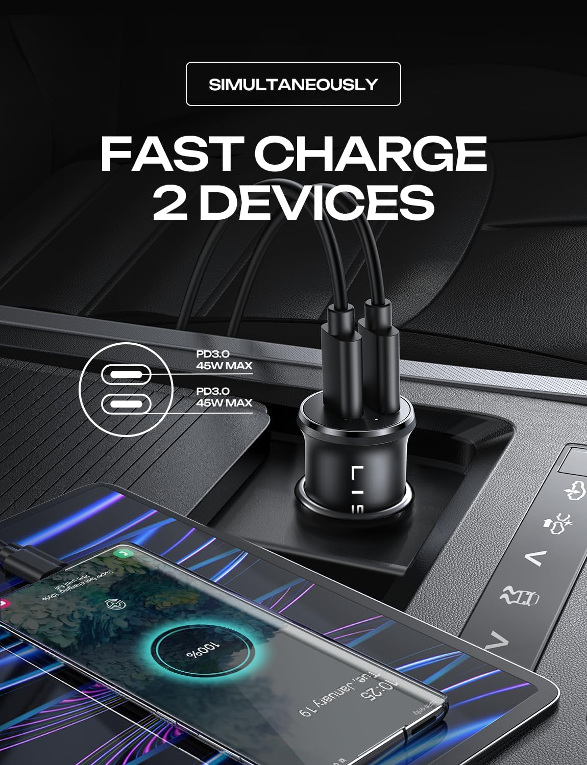 LISEN 90W USB C Car Charger USB C Fast Charge, 45W PD&QC 3.0 Fast Car Charger