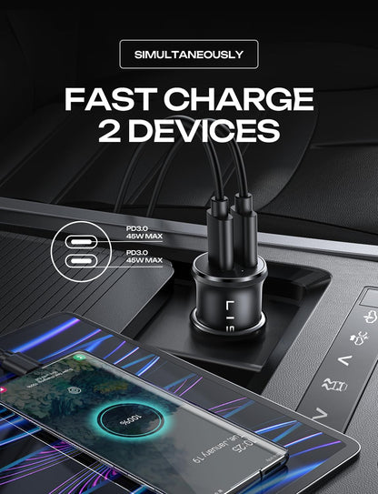 LISEN 90W USB C Car Charger USB C Fast Charge, 45W PD&QC 3.0 Fast Car Charger