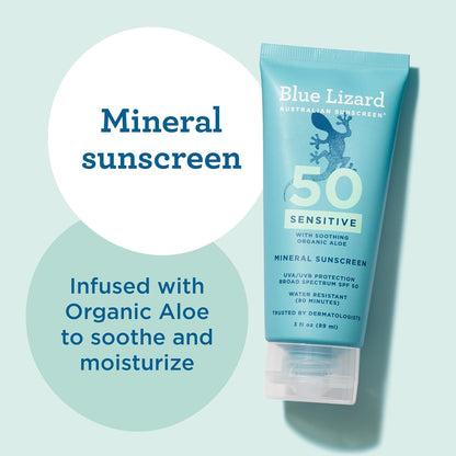Blue Lizard Sensitive Mineral SPF 50 Sunscreen Lotion, 100% Mineral Sunscreen, UVA/UVB Protection, Infused with organic Aloe Vera, Soothes and Hydrates, 5 fl oz