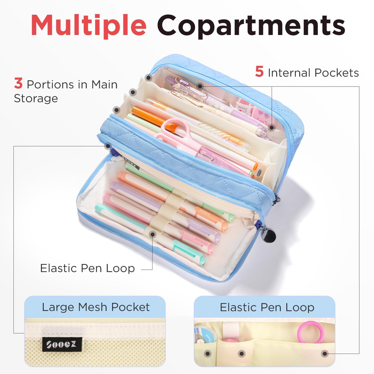 Sooez Large Pencil Case Pouch, Extra Big Pencil Bag with 8 Compartments, Pen Bag Wide Opening, Soft Quilted Pencil Pouch Organizer with Zipper, Portable Pencil Case for Teen Girls, Beige