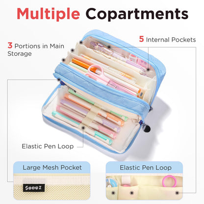 Sooez Large Pencil Case Pouch, Extra Big Pencil Bag with 8 Compartments, Pen Bag Wide Opening, Soft Quilted Pencil Pouch Organizer with Zipper, Portable Pencil Case for Teen Girls, Beige