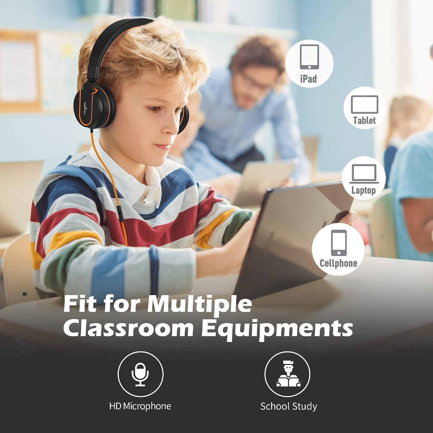 AILIHEN I35 Kids Headphones for School with Mic, 93dB Safe Volume, Orange