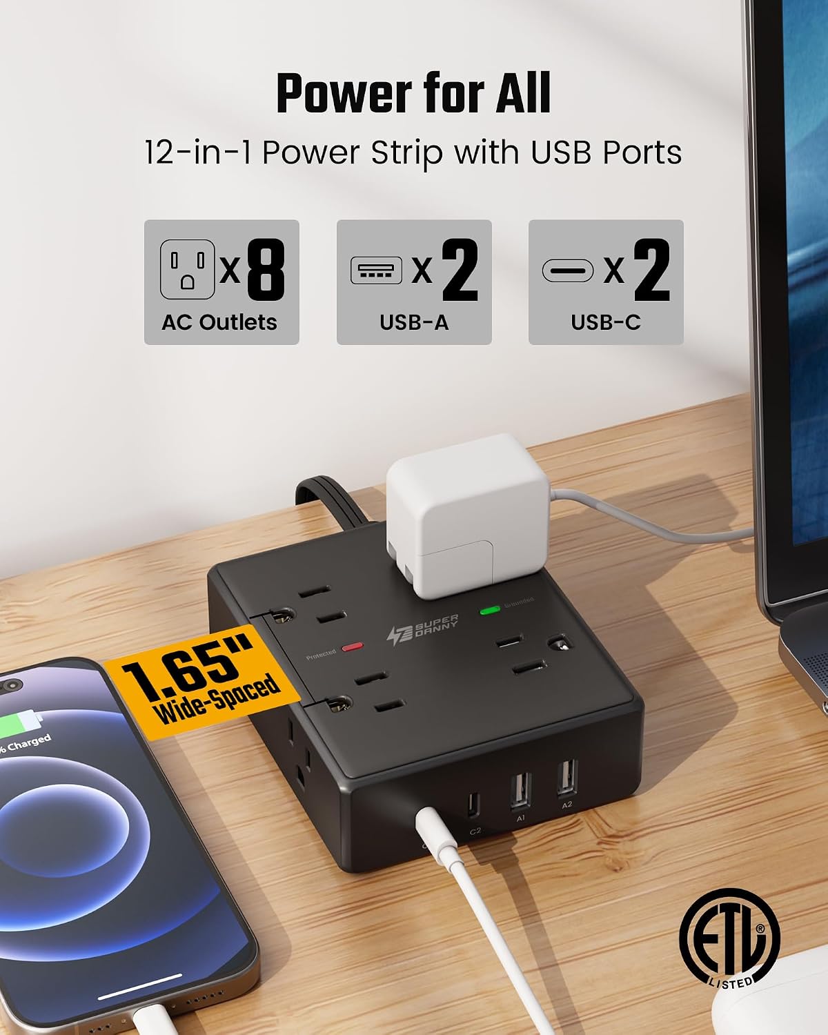 SUPERDANNY Extension Cord,Flat Plug Surge Protector Power Strip,6Ft