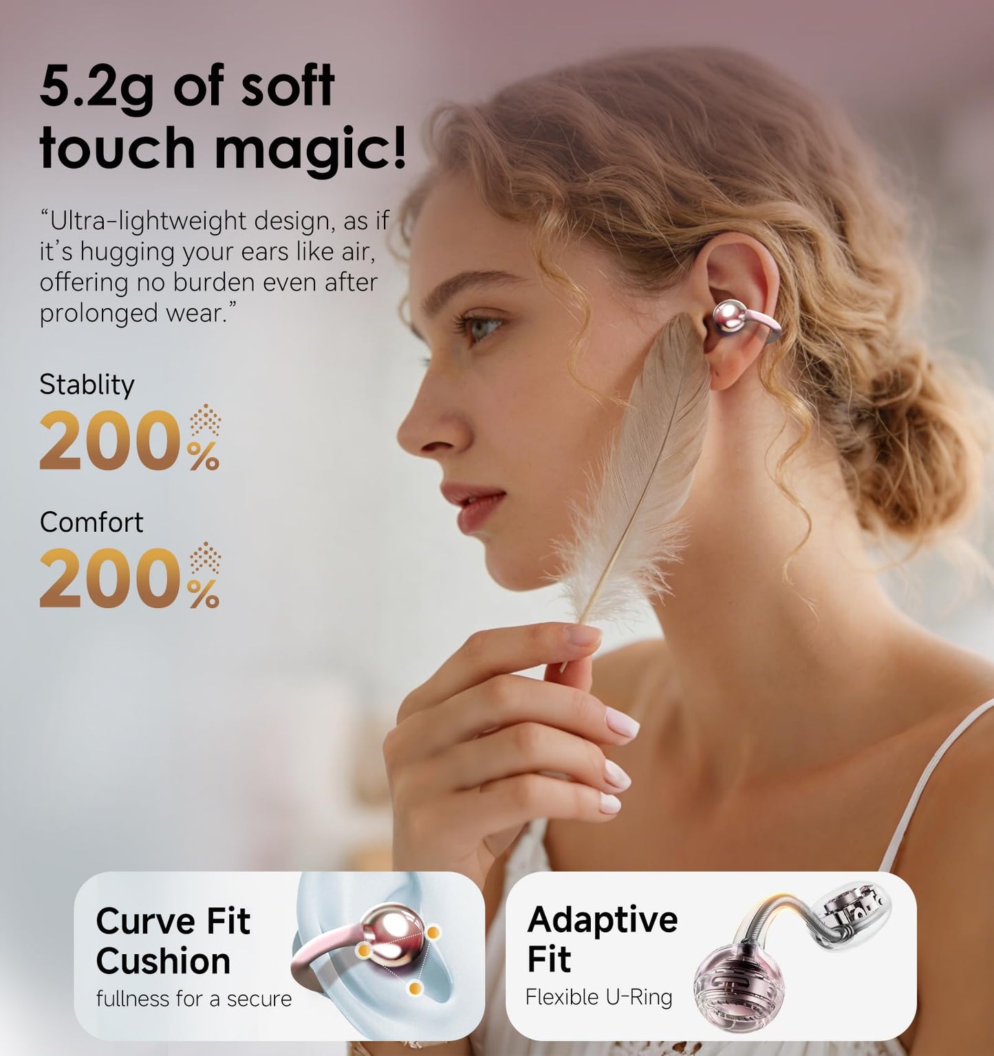 King Lucky Clip-On Earbuds Gen 3, Open-Ear Wireless Bluetooth 6.0 Headphones with Mic, Secure Fit for Small Ears & Glasses Wearers, 50H Playtime, ENC, IPX5 Waterproof Sport Ear Buds (Purple)