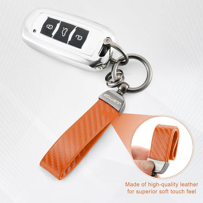 JUSTTOP Leather Keychain, Carbon Fiber Car Key Chain with Anti-Lost D-Ring and 2 Key Ring, Keychain Wristlet, Car Accessories, Universal Keychain for Men and Women (Black)