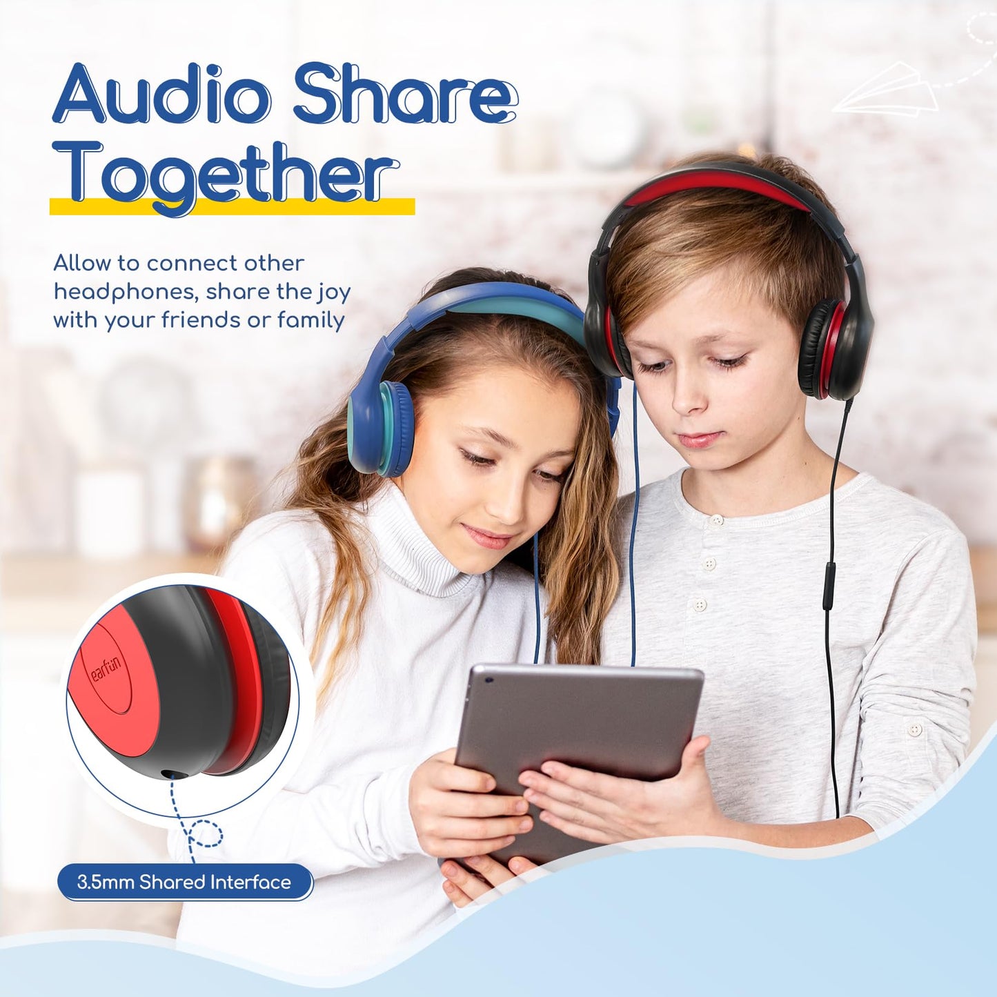 EarFun K1 Kids Headphones Wired with Mic, Volume Limit Headphones for Kids