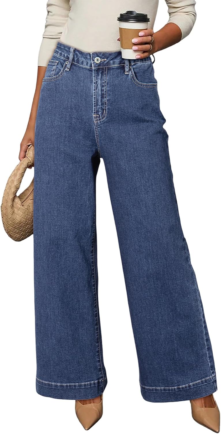 Dokotoo Women's Casual High Waisted Jeans Stretch Wide Leg Loose Denim Pant