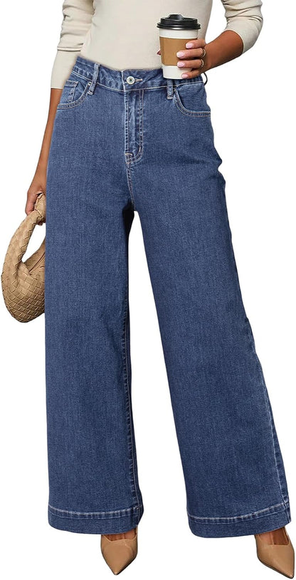 Dokotoo Women's Casual High Waisted Jeans Stretch Wide Leg Loose Denim Pant